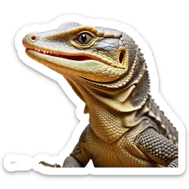 Cinematic Realistic Cute Yawning Monitor Lizard Portrait Emoji, Head tilted slightly with a dramatic, wide-open yawn, showcasing a soft, textured scaled hide with subtly drooping features and half-closed, drowsy eyes, rendered with meticulous natural detail and warm shadows, high shine, relaxed yet expressive, styled with a dash of desert charm, soft glowing outline, capturing the essence of a sleepy yet affectionate monitor lizard that appears ready to stretch out for a restful nap! sticker