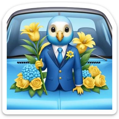 cute budgie on a car in a suit holding flowers  sticker