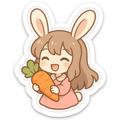 bunny girl with long ears and a carrot, cheerful and cute, chibi stickers style sticker