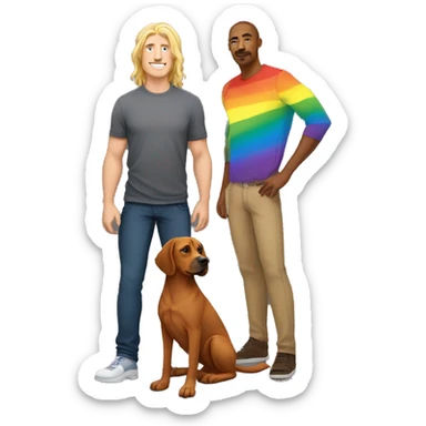 white male with long rainbow colored hair standing alongside a brown rhodesian ridgeback sticker