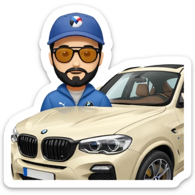 A man with black hair and beard sitting on top of the bonnet of a donnington grey BMW X4 M competition with sunglasses and a baseball cap on sticker