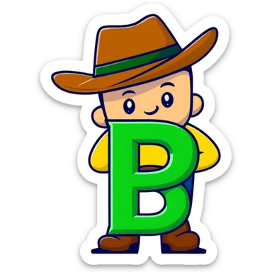 Cowboy character with green cowboy hat and letter R sticker