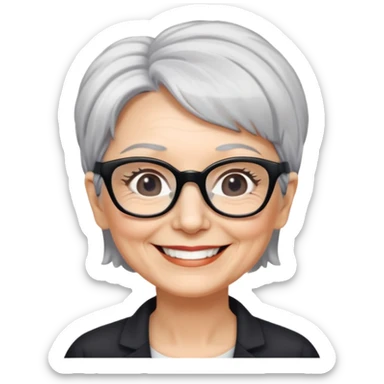 bà lão 60 tuổi, da trắng, tóc ngắn màu bạc, đeo kính màu đen, mặt cười tươi, hơi có nếp nhăn nhẹ, nửa thân trên sticker