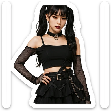 gothic K-pop girl, stylish black stage outfit, trendy hair, confident pose, dark and edgy pop style sticker