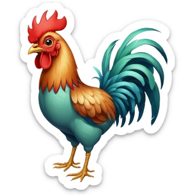 A funny rooster chicken with blue-greenish body, red comb, large eyes and silly expression, skinny legs sticker
