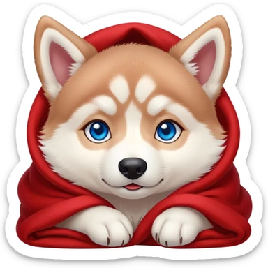 kawaii disney red siberia husky puppy with blue eyes, cozy in a red blanket sticker