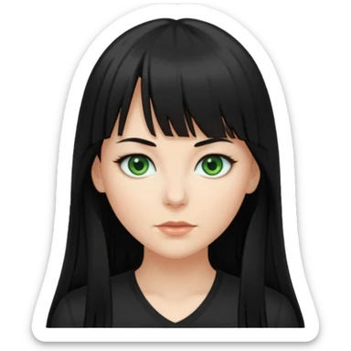 A white woman with Long straight hair with bangs, black hair, green eyes and a low-cut shirt sticker