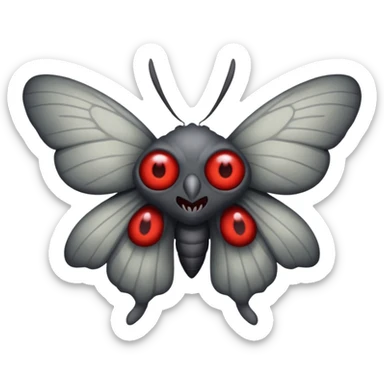 Create a scary emoji of the mothman with bright red eyes and as depicted in the legend. Make it less bird like and more Moth / Human hybrid sticker