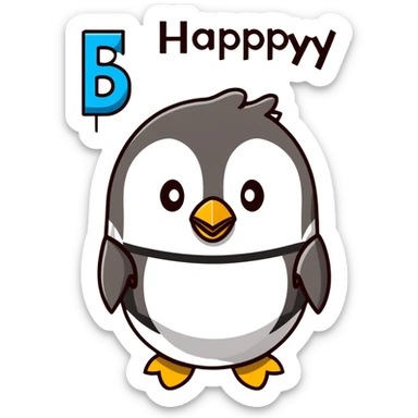 penguin holding a "Happy B-Day" banner sticker