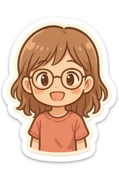 chibi sticker of a 10 year old girl, light brown hair, wearing glasses, smiling warmly, no text sticker