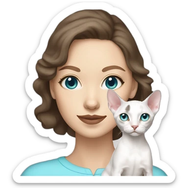 White brunette woman holding slim white devon rex with light blue eyes sticker