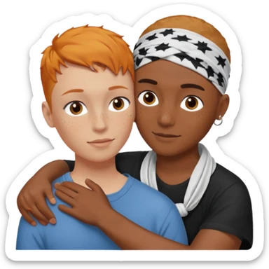 Two people hugging, brown guy with a buzzed cut and bandana, and a white woman with ginger hair sticker