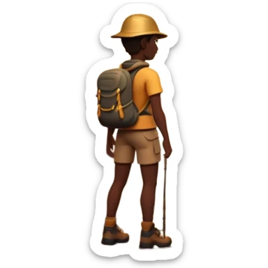 A 3D cartoon hiker silhouette standing on a rocky path at sunset, warm golden light, Memoji-style rendering. sticker