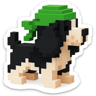 A black and white Russian Cocker Spaniel puppy wearing a green durag, voxel style, facing left sticker