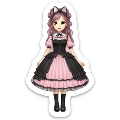 Vestido rosa pastel y negro gothic lolita, cuerpo completo, piel morena, pelo largo y rojo sticker