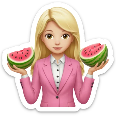 Blond Girl with Long hair in a pink suit holding whole melons in front of her chefs sticker