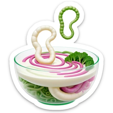 Ethereal bowl of bright white yogurt, translucent fermented vegetables, and golden bubbles gently floating around a luminous spiral intestine, vibrating in green and pink tones of balance and life. The scene shows probiotic foods connecting with and nourishing a glowing digestive system. sticker
