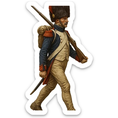 Vieille Garde soldier, Napoleonic era, marching, blue and red uniform, tall bearskin hat, historical sticker
