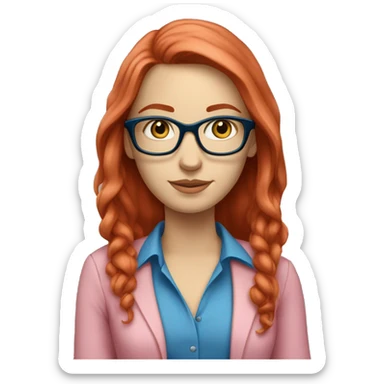 White-girl-with-long-hair-red-head-eyes-blue-wearing-glasses-blouse-formal-pink sticker
