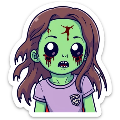 Girl zombie with long flowing brown hair, decaying pale green skin, and creepy undead expression sticker