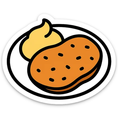 plato de milanesa con puré, el puré junto a la milanesa en el mismo plato, a modo de acompañamiento, icono colorido y simple sticker