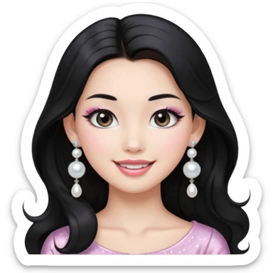 asian long voluminous black hair silver grey eyes glossy lips glittery white and light pink eyeshadow girl pearl earrings sticker