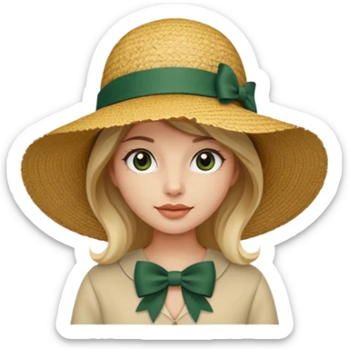 light beige women's straw hat with large brim and dark green bow sticker