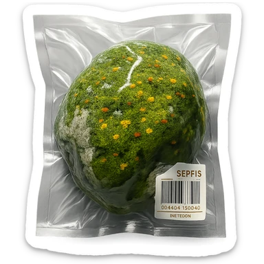 light gray rock covered with green moss and tiny multicolored flowers, shiny and inflated sticker
