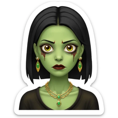 Faça uma zombie mulher bonita verde com olhos castanhos cabelos pretos partido ao meio liso, com estilo y2k e ouro sticker