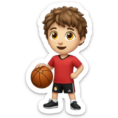 WHITE CHILD, BROWN HAIR, STRAIGHT WITH RED SHIRT AND BLACK SHORTS PLAYING BALL sticker