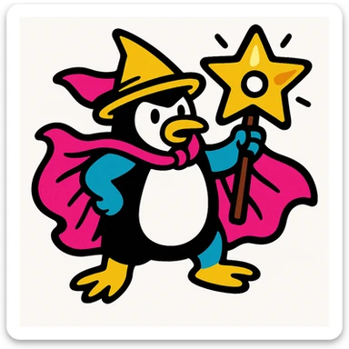 Add a magical star accessory inspired by the yellow star with a hole in the second reference image to the penguin wizard's staff. The star should look like a magical artifact, bold and colorful in style, matching the vibrant toon style. sticker