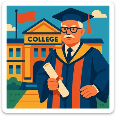 A ceremonial college director standing at the entrance of the college holding a scroll or diploma, with the college building and a flag in the background, exuding authority and quality. sticker