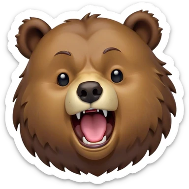 Cinematic Cute Yawning Grizzly Bear Portrait Emoji, Head tilted slightly with a dramatic, wide-open yawn, showcasing a thick, rugged deep brown fur with drooping ears, round eyes barely open in drowsy contentment, Simplified yet irresistibly adorable features, highly detailed, glowing with a soft, cozy glow, high shine, relaxed yet expressive, stylized with a touch of wild whimsy, bright and endearing, soft glowing outline, capturing the essence of a sleepy yet affectionate grizzly, so drowsy it feels like it could stretch out of the screen and curl up for a nap! sticker