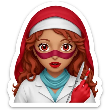 Lilith scalpel in hand, evil surgeon sexy surgeon clothes.  She has red eyes. She brown long curly hair. Wears sexy doctor outfit with red gloves.hair is free and brown  Wears red burka to hide her mouth and nose sticker