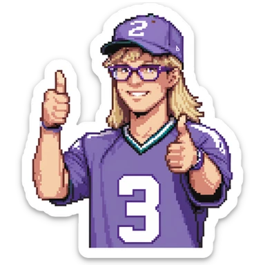 Man with black and white cap, purple sports jersey with number 32, clear glasses, light blond mullet hairstyle, thumbs up gesture sticker