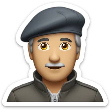 Grey photo of a middle aged man looking up while wearing a jacket and a beret sticker