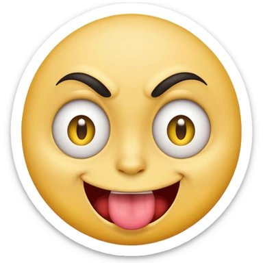 A yellow round face emoji smirking with its tounge out but the eyes are evil and kind of crazy and the eyebrows are turned  sticker