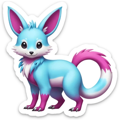 realistic Shiny smooth silky soft Cyan-Yellowish-Magenta Minccino-Zeraora-Emolga-Vernid-Sergal-fusion-hybrid-animal-creature, full body sticker