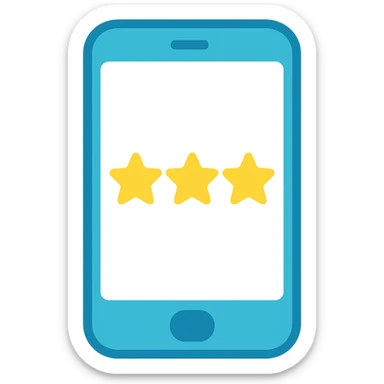 Smartphone icon with three yellow stars aligned in a row on the screen, flat emoji style, outline with blue and turquoise colors, screen filled solid white sticker