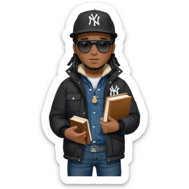 African American man with shoulder length black dreadlocks and black sunglasses wearing a black New York Yankees baseball hat with a North Face brand bubble winter coat with denim skinny jeans and timberland boots walkingholding a bible sticker