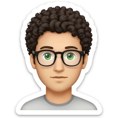 young man with dark tall voluminous curly hair styled up high on head, wearing glasses with green eyes and very light stubble, with a slight smile sticker