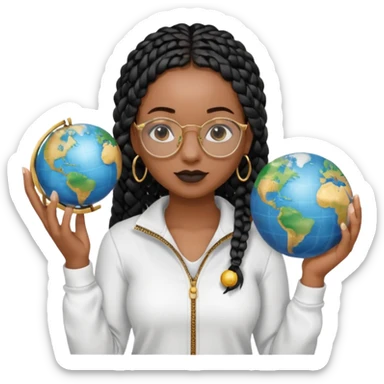 a young woman wearing fine gold round glasses and black hair in several box braids, no earrings, she has light black skin, and she's wearing a white shirt with a black quarterzip. She's holding a globe in one hand sticker