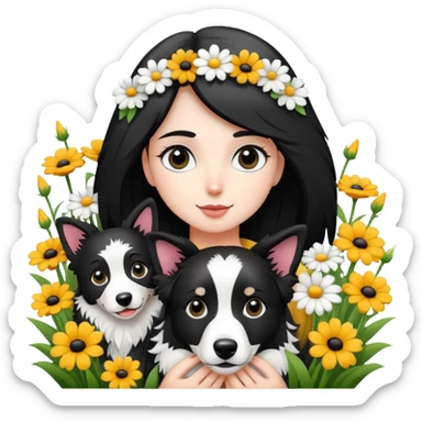 A girl is holding a black and white border collie in the flowers sticker