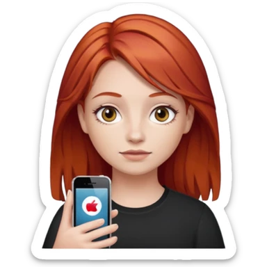 Una chica pelo rojo que está con ojeras color de piel blanca y tiene en su mano un iPhone 16 de 2024 sticker