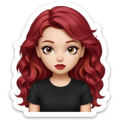 a pretty fair bratz girl with wavy dark red hair, wearing a black tee. eyeliner on sticker