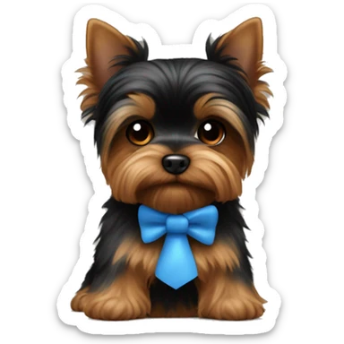 Black and brown Yorkie with a blue bowtie sticker