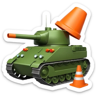 green military tank with an evil expression crushing a traffic cone with a sad face under its treads, emoji style sticker