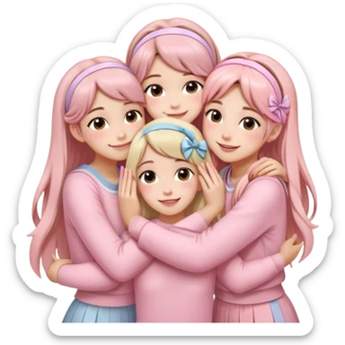 Four girls hugging each other, all wearing soft pink clothes, two with long hair and two with shoulder-length short hair, smiling, with hair accessories like headbands or ribbons, pastel color palette, soft shading, make someone pose with two fingers and someone kisses his cheek sticker