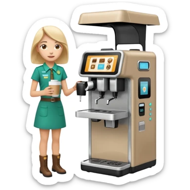 Girl Scouts selling coffee at her roped-off stand by the side of the road with their own robotic looking coffee machine  sticker