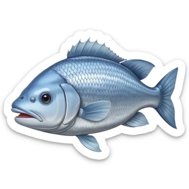 whole raw sea bass, silvery metallic skin, light grey-blue top, pale underbelly, fresh, glossy, natural scales, closed mouth, clear eyes, visible fins and tail, relaxed, soft lighting, subtle shadows, no plate, no background, no faces, transparent background, emoji scale sticker
